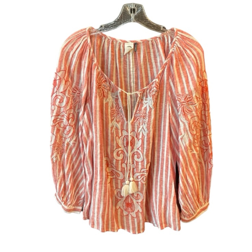 Anthropologie Akemi & Kin Striped Peasant Blouse  Embroidered Linen Blend Sz L